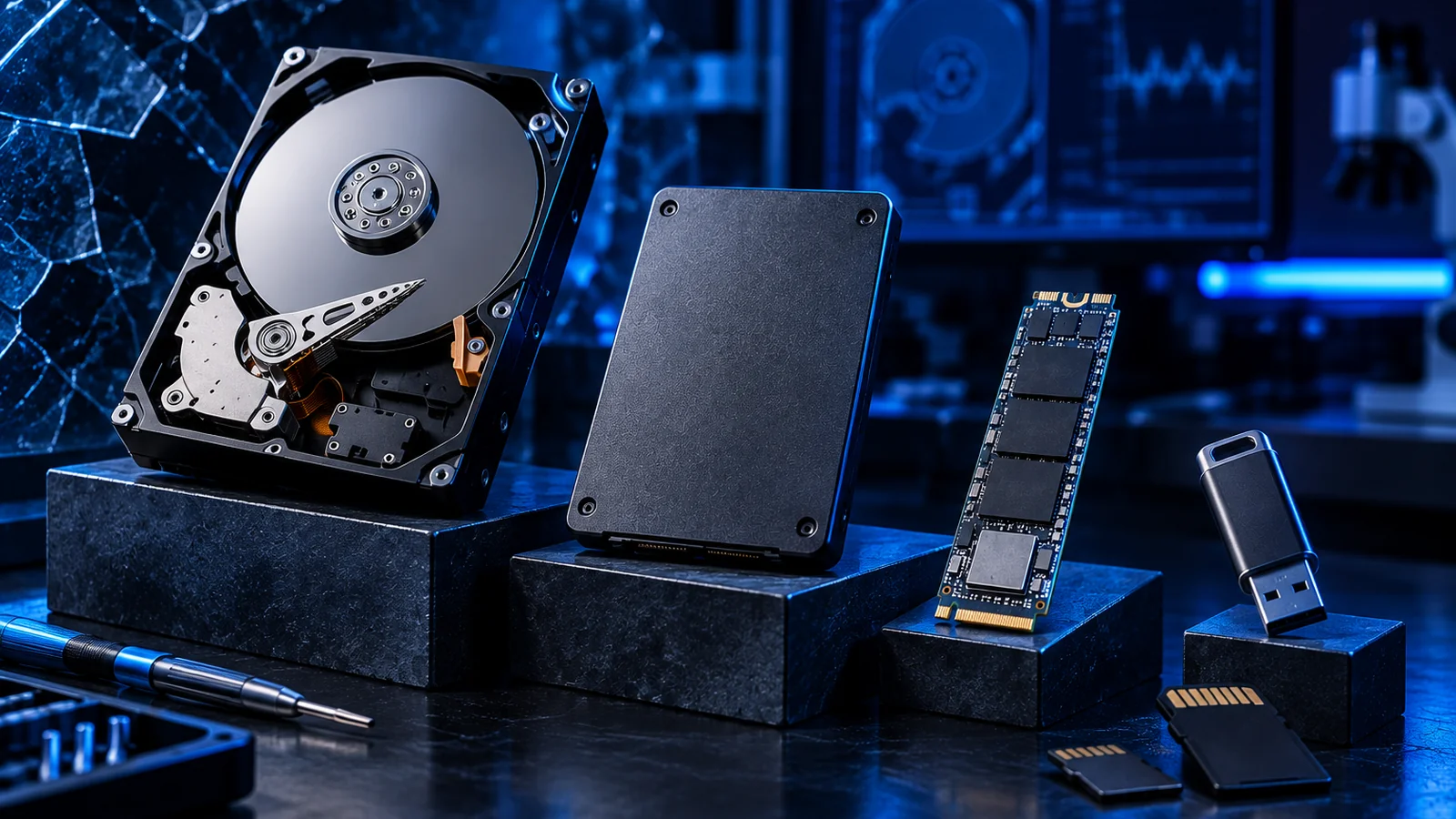 Disco duro abierto, unidad SSD, módulo M.2 y memoria USB alineados sobre la mesa de un laboratorio de recuperación de datos