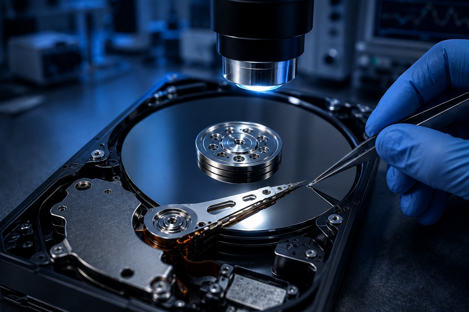 Laboratorio de RDC: disco duro abierto bajo el microscopio durante una recuperación