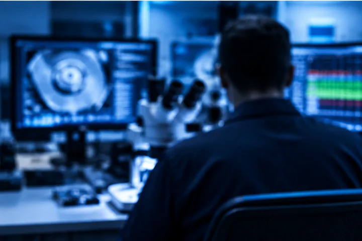 Técnico de espaldas frente a un microscopio, con monitores de análisis al fondo