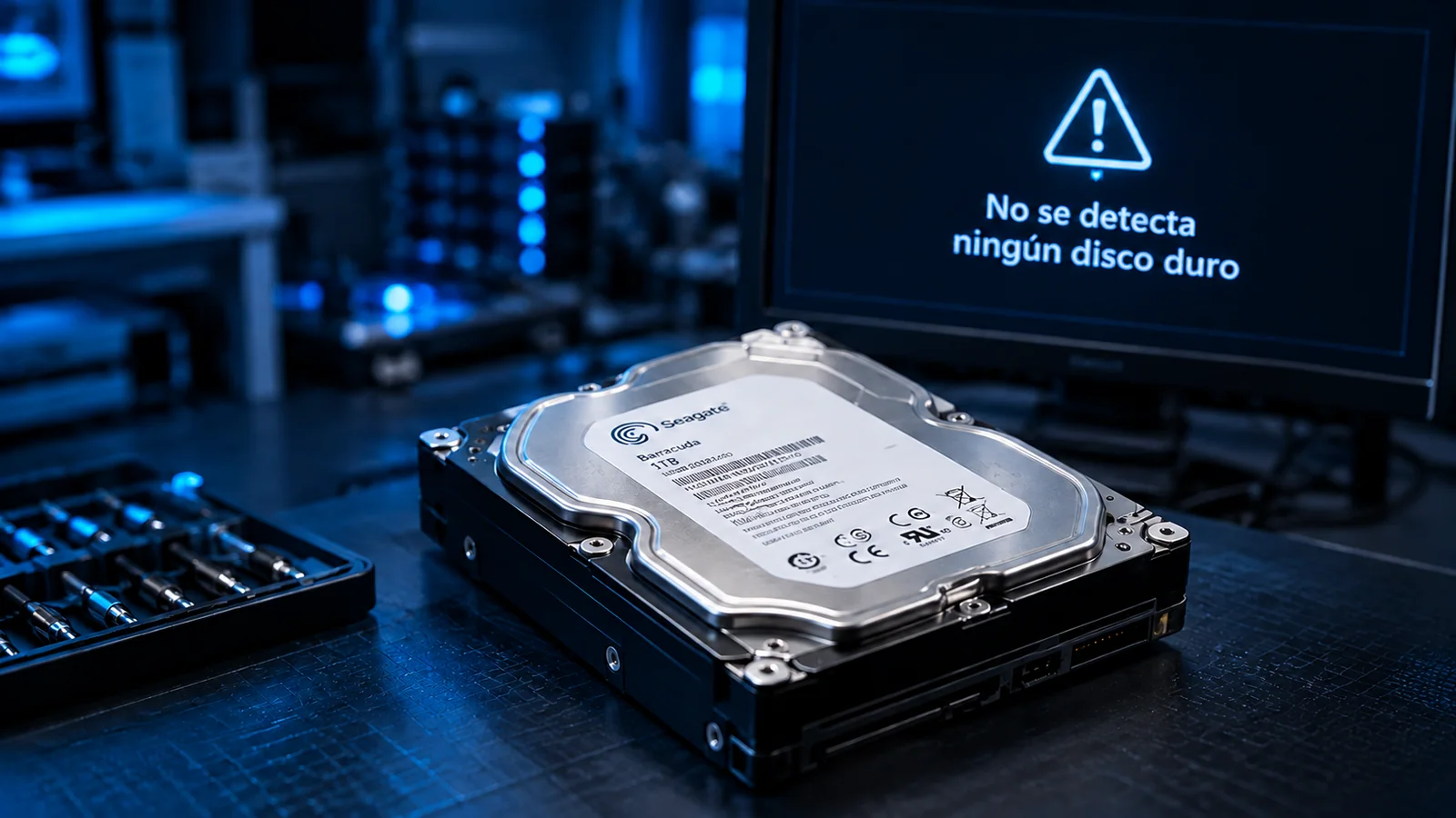 Disco duro Seagate sobre la mesa de un laboratorio, junto a una pantalla que avisa de que no se detecta ningún disco duro