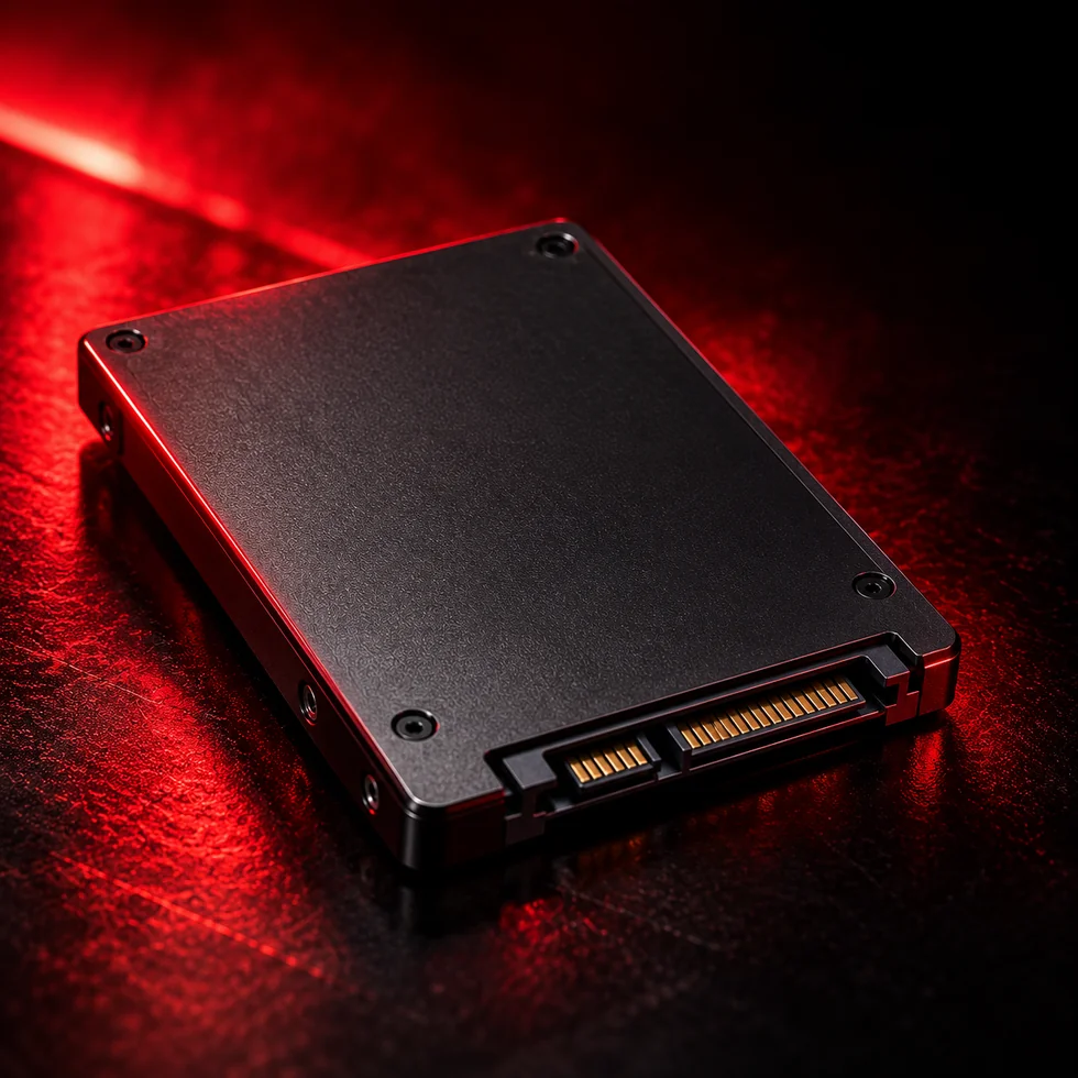 Unidad SSD de 2.5 pulgadas iluminada en rojo sobre fondo oscuro