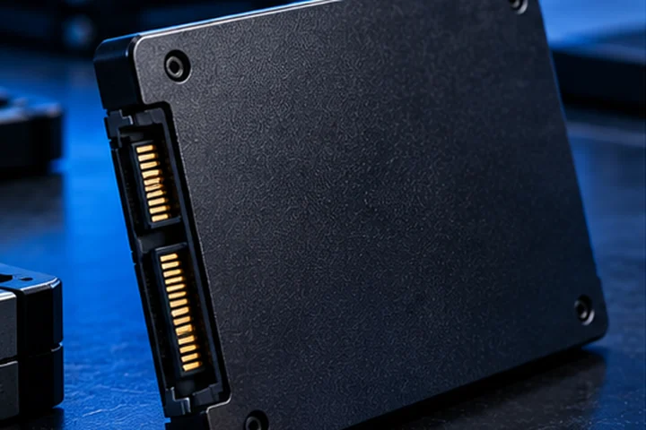 Unidad SSD SATA de 2.5 pulgadas apoyada sobre la mesa del laboratorio