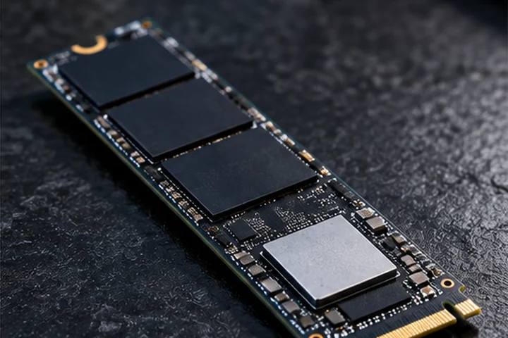 Módulo SSD M.2 NVMe visto desde arriba, con sus chips de memoria a la vista