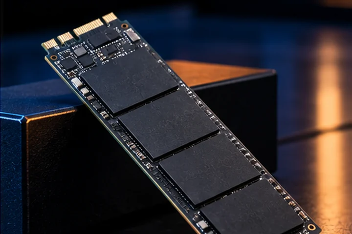 Módulo SSD M.2 en ángulo sobre una superficie oscura del laboratorio