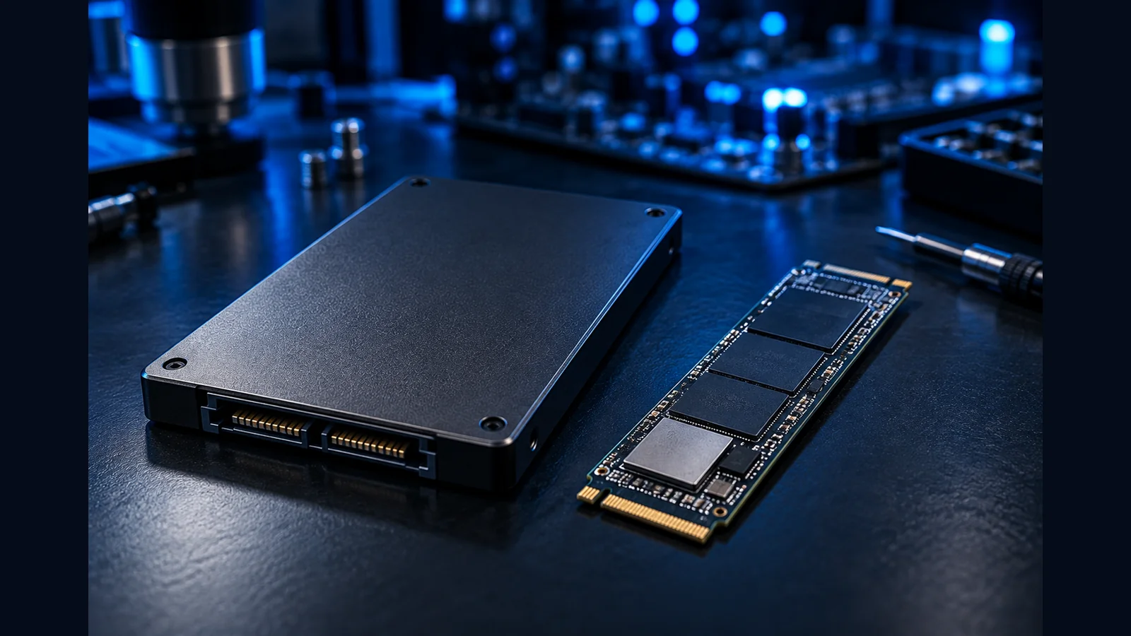 Unidad SSD SATA de 2.5 pulgadas junto a un módulo M.2 NVMe sobre la mesa de un laboratorio de recuperación de datos
